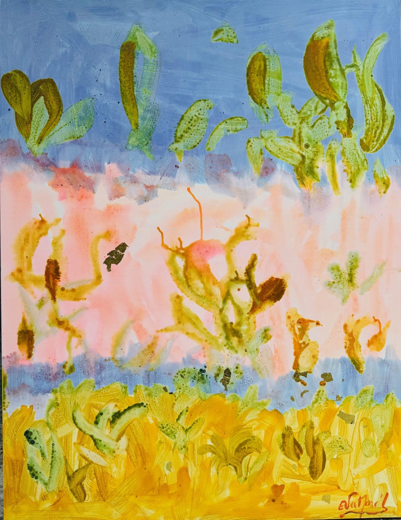 Eva March, Cactus Eden, 2026, Acrylic and gold leaf on linen canvas, 116 x 89 cm.