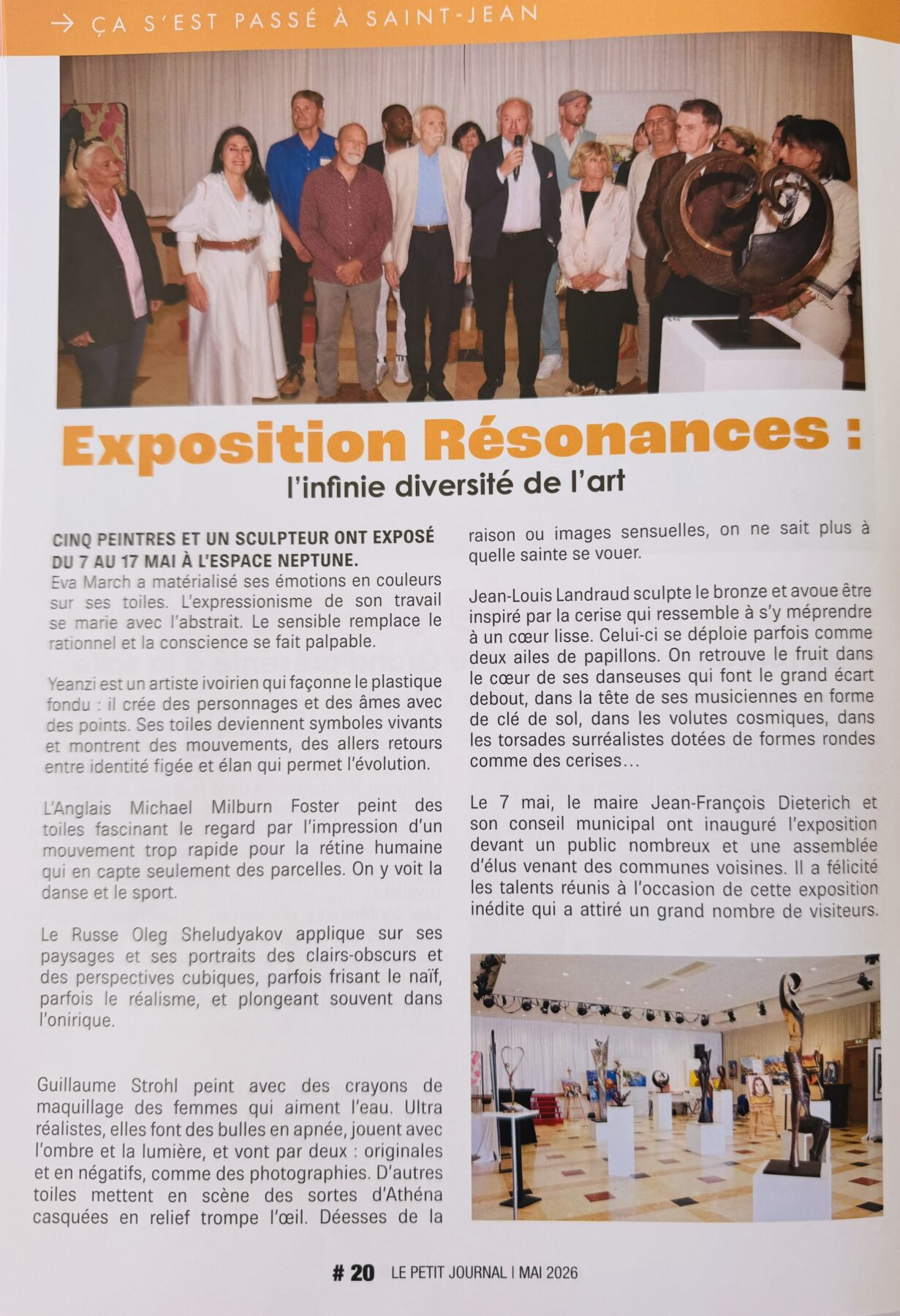 Article Exposition Resonances : l infinie diversite de l art, presentant EVA MARCH a l Espace Neptune de Saint-Jean-Cap-Ferrat (Le Petit Journal, mai 2026)